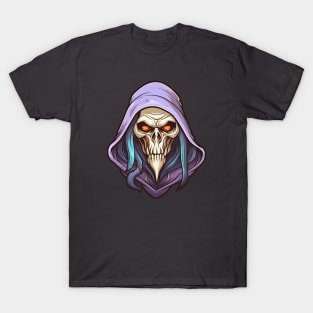 Necromancer with skull face and purple hood T-Shirt